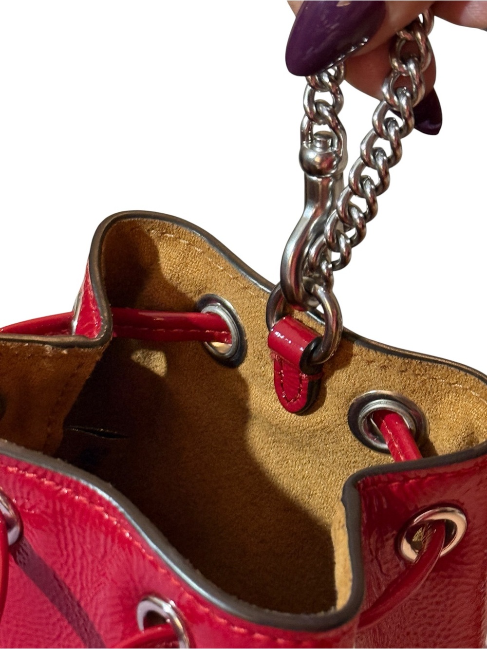 Coach Drawstring Wristlet Pouch Bag in Red Patent Leather with Silver, CZ028 - Picture 12 of 15